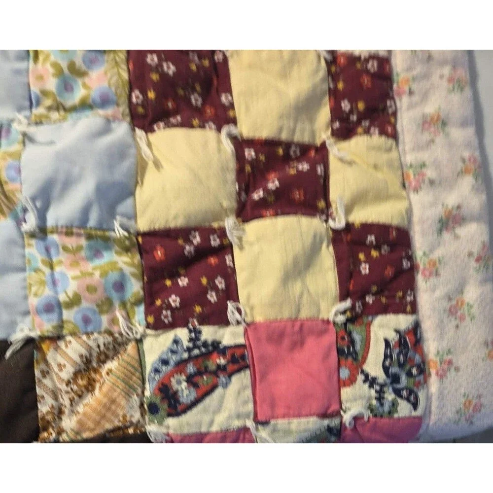 Vintage 1970’s handmade Patchwork quilt-Mod fabric squares Disney-White Backing